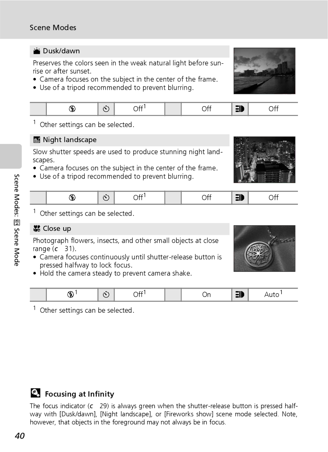 Nikon COOLPIXS9 manual Scene Modes, Focusing at Infinity 