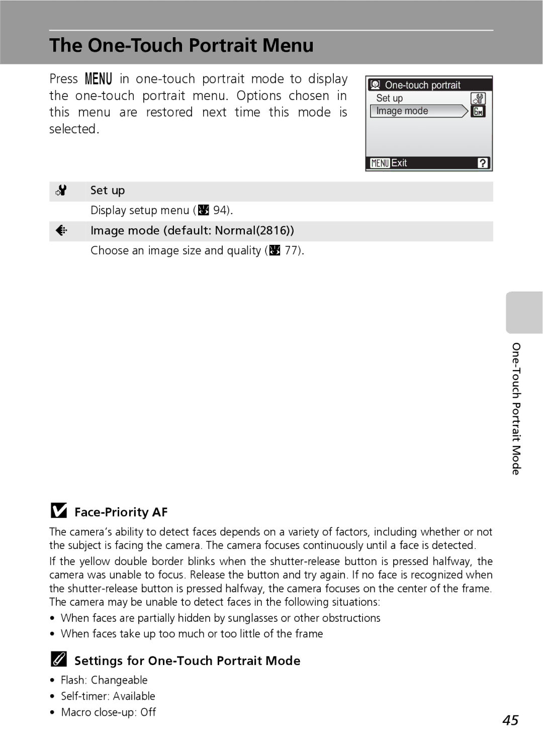 Nikon COOLPIXS9 manual One-Touch Portrait Menu, Face-Priority AF, Settings for One-Touch Portrait Mode 