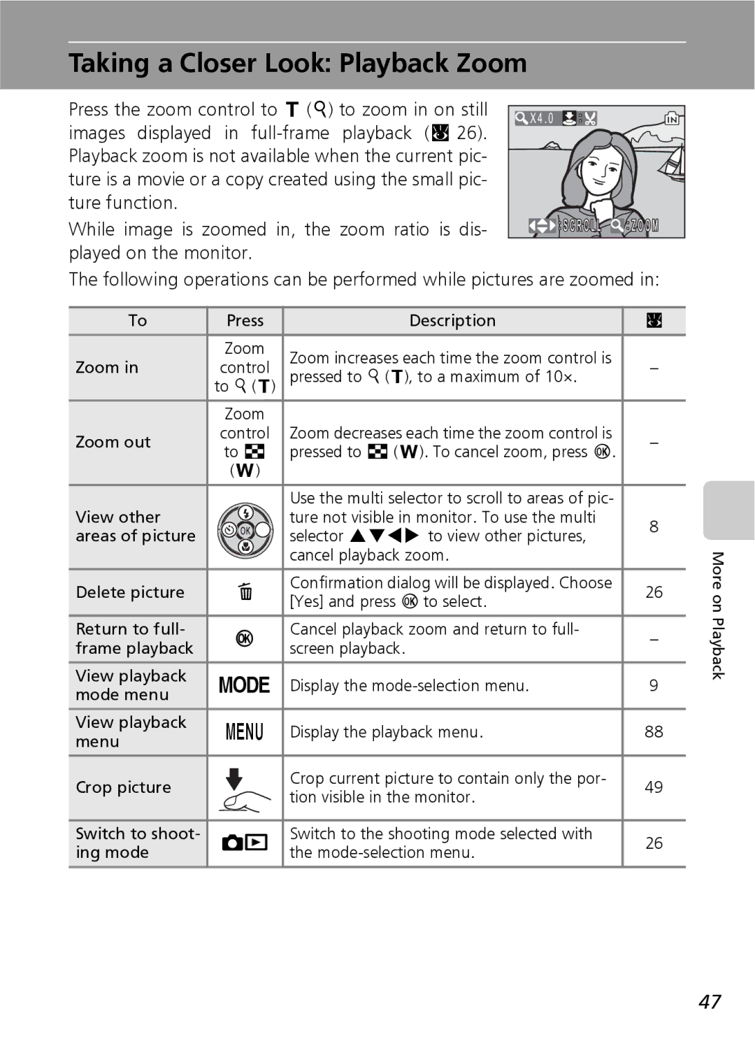 Nikon COOLPIXS9 manual Taking a Closer Look Playback Zoom 