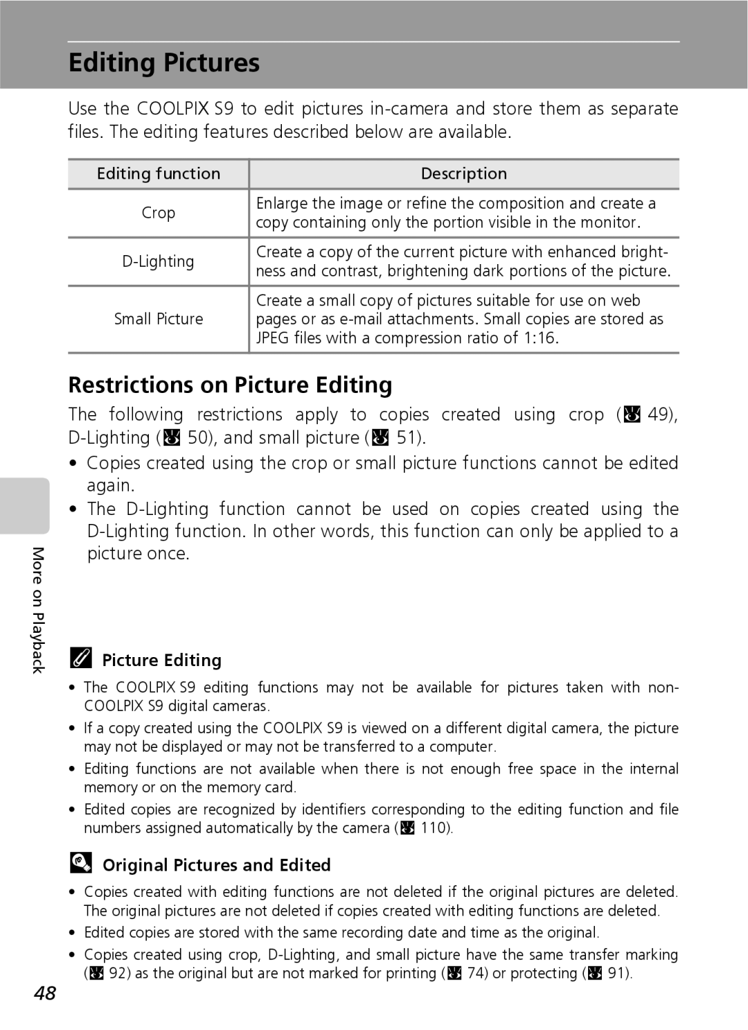 Nikon COOLPIXS9 manual Editing Pictures, Restrictions on Picture Editing, Original Pictures and Edited 