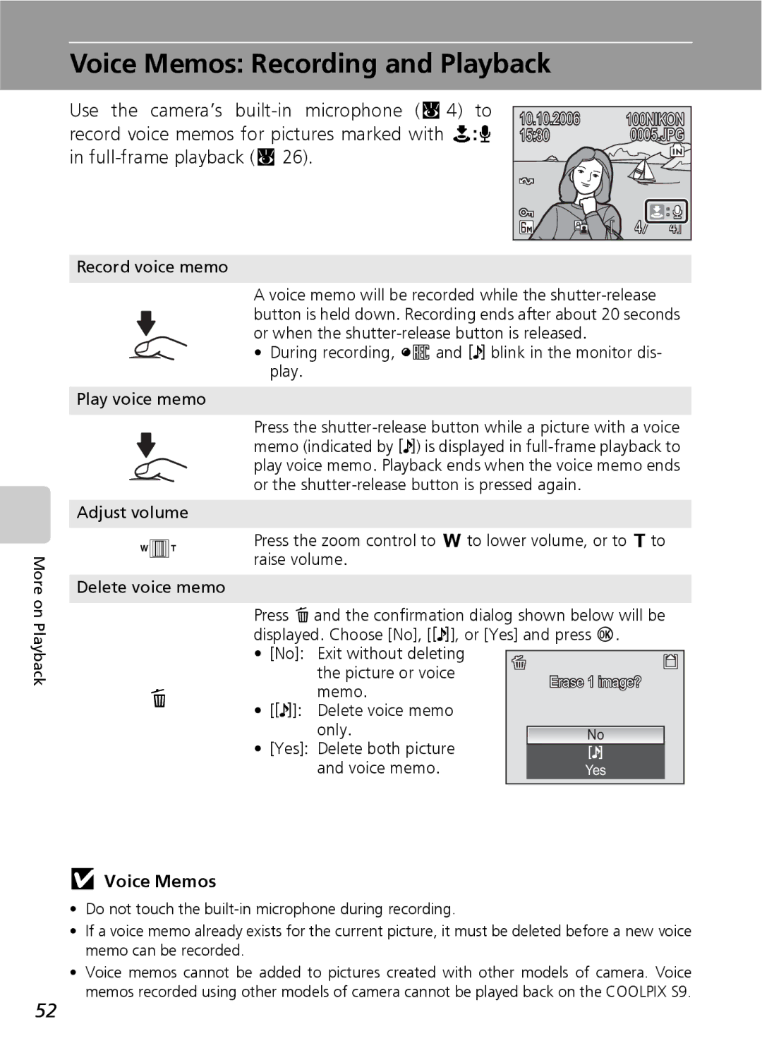 Nikon COOLPIXS9 manual Voice Memos Recording and Playback, Record voice memo 