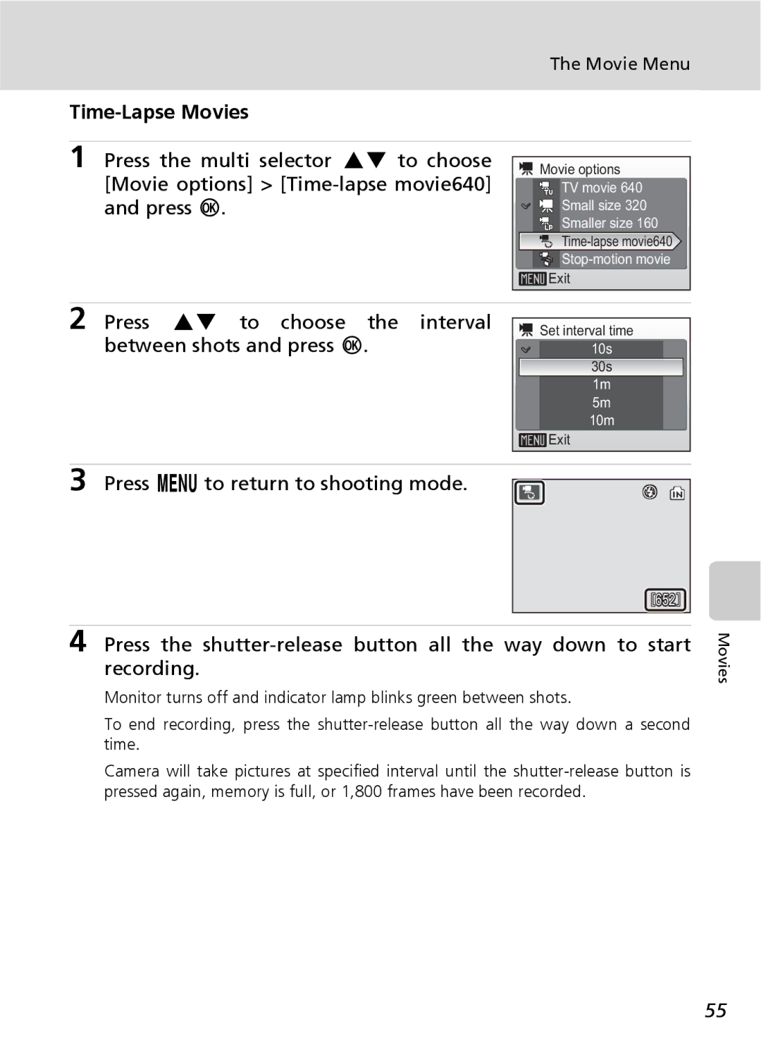 Nikon COOLPIXS9 manual Time-Lapse Movies, Press GH to choose the interval between shots and press d, Movie Menu 