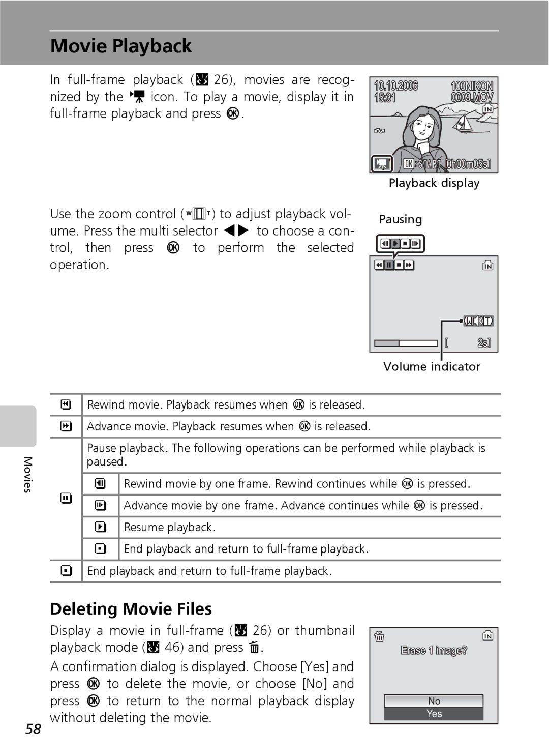 Nikon COOLPIXS9 manual Movie Playback, Deleting Movie Files, Playback display, Pausing Volume indicator 