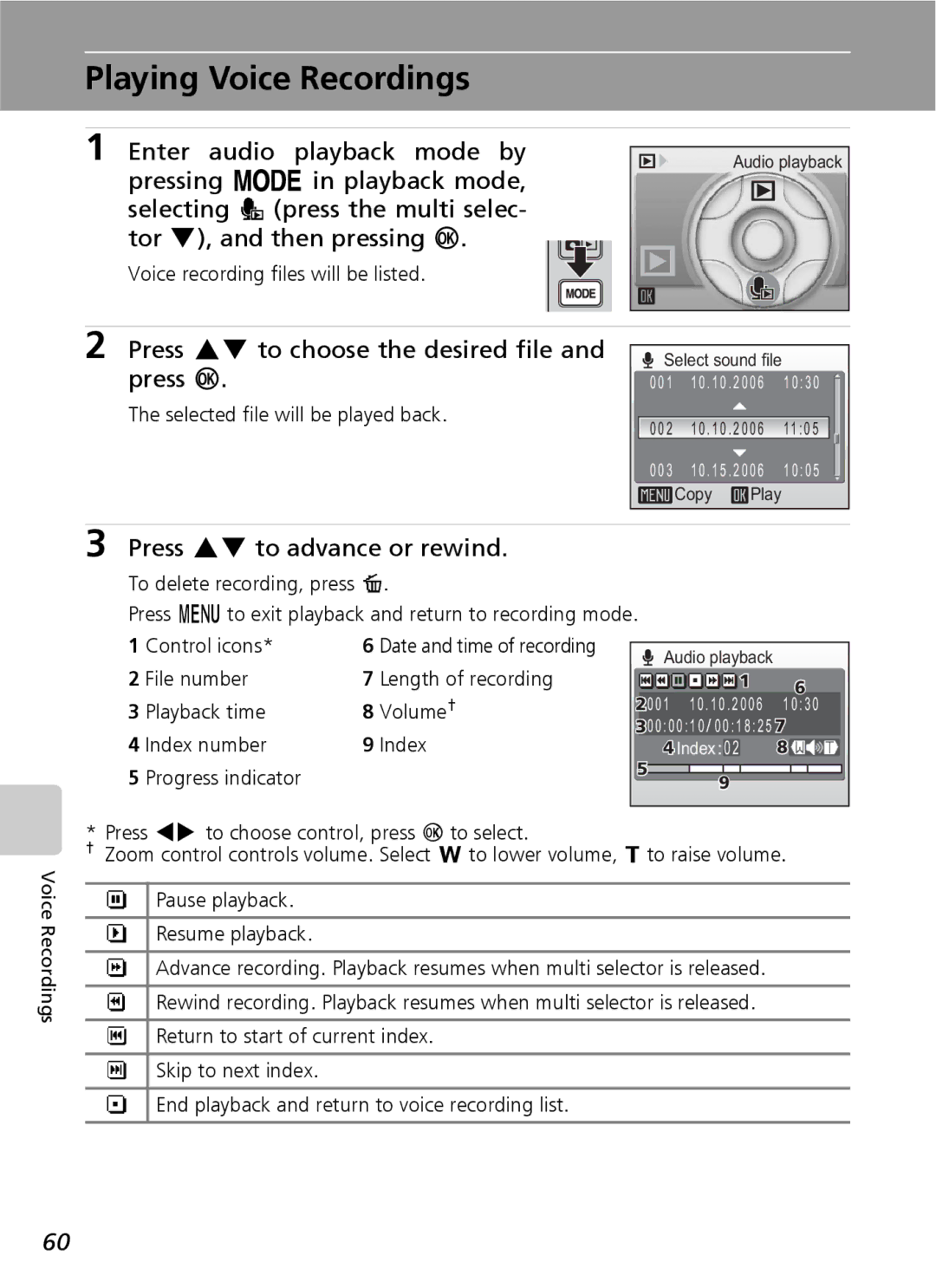 Nikon S9 manual Playing Voice Recordings, Press GH to choose the desired file and press d, Press GH to advance or rewind 