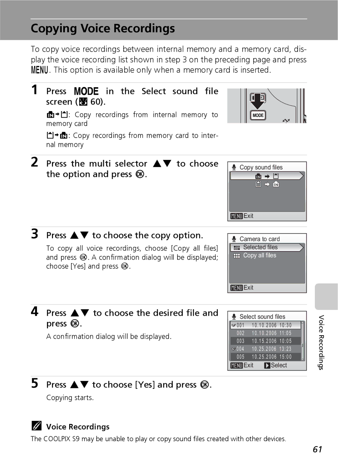 Nikon COOLPIXS9 Copying Voice Recordings, Press p in the Select sound file screen c, Press GH to choose the copy option 