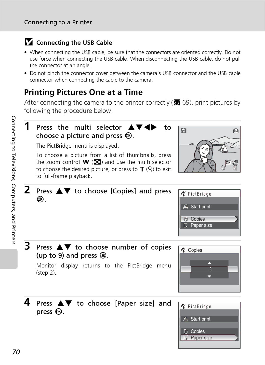 Nikon S9 Printing Pictures One at a Time, Press GH to choose Copies and press d, Press GH to choose Paper size and press d 