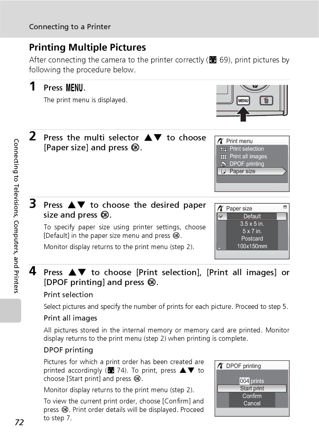 Nikon COOLPIXS9 manual Printing Multiple Pictures, Print selection, Print all images, Dpof printing 