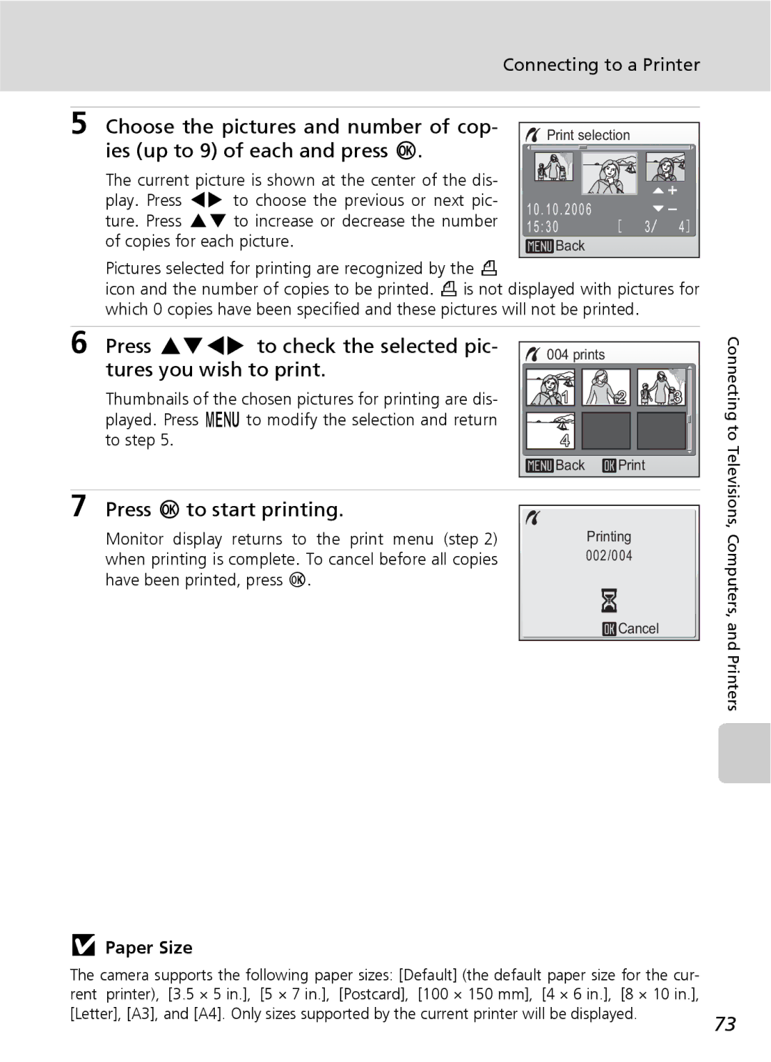 Nikon COOLPIXS9 manual Paper Size, Pictures selected for printing are recognized by the w 