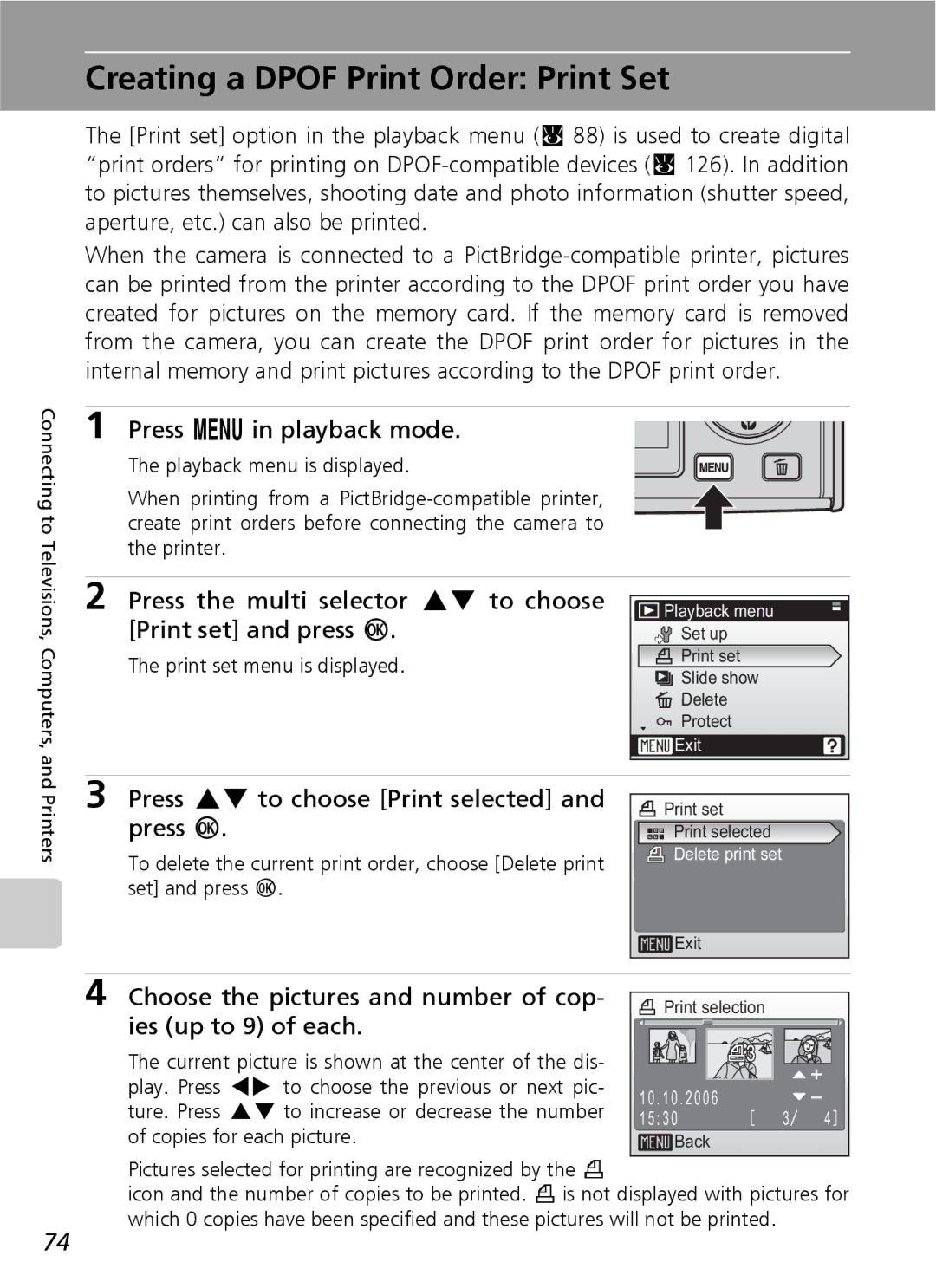 Nikon COOLPIXS9 manual Creating a Dpof Print Order Print Set 