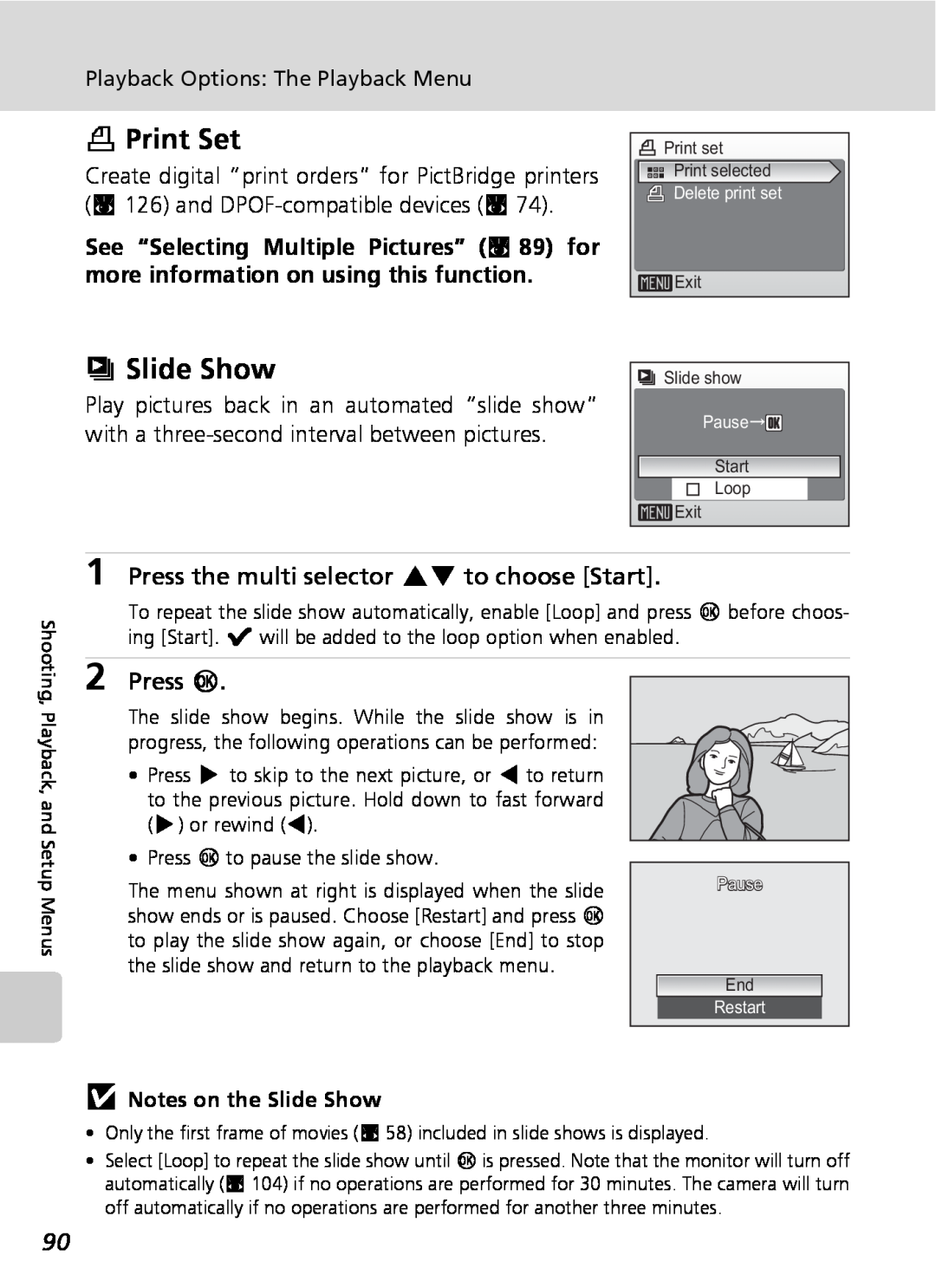 Nikon S9 manual w Print Set, z Slide Show, Press the multi selector GH to choose Start, Press d, jNotes on the Slide Show 