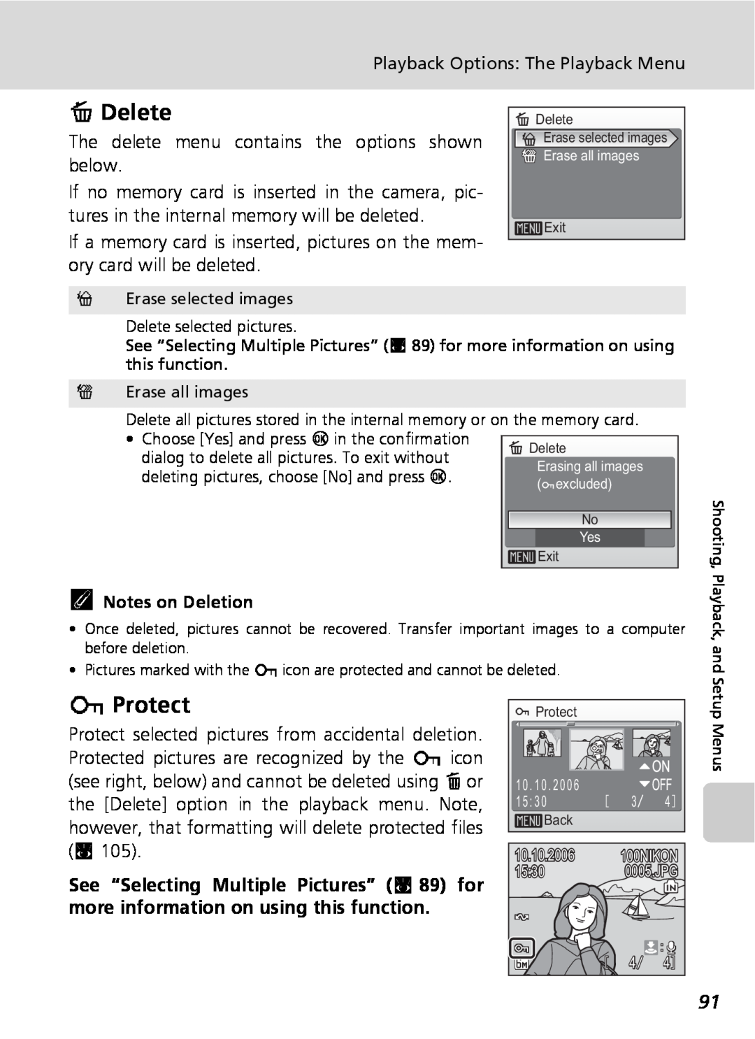 Nikon COOLPIXS9 manual ADelete, DProtect, kNotes on Deletion 