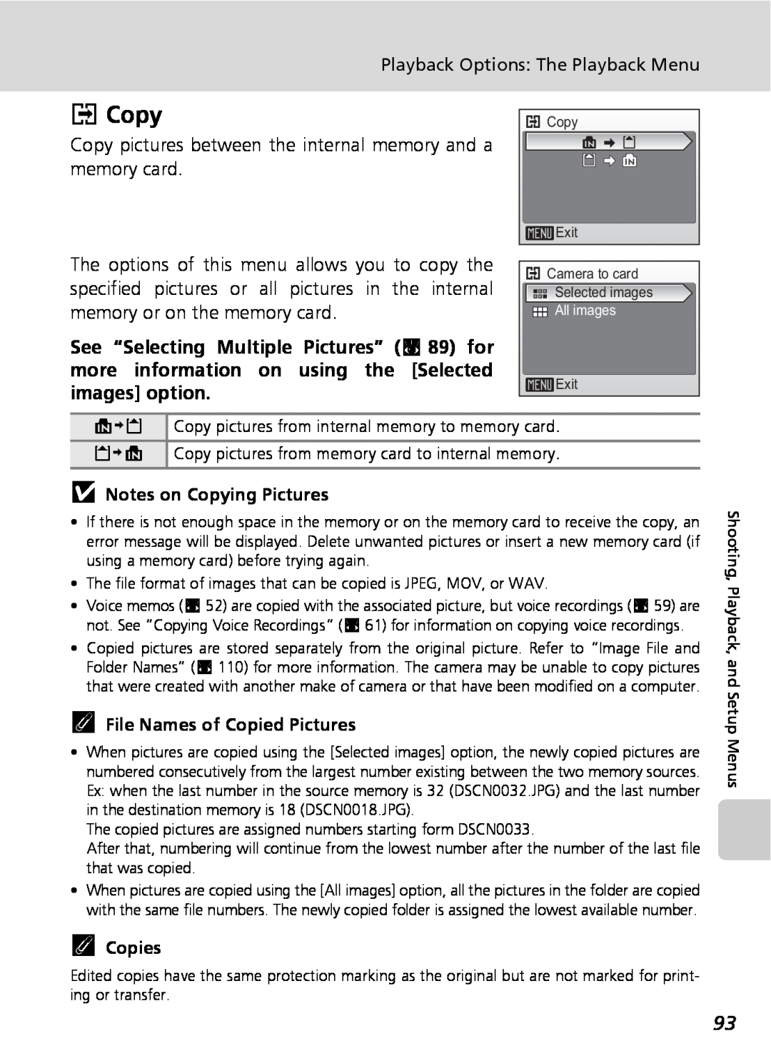 Nikon COOLPIXS9 manual LCopy, jNotes on Copying Pictures, kFile Names of Copied Pictures, kCopies 