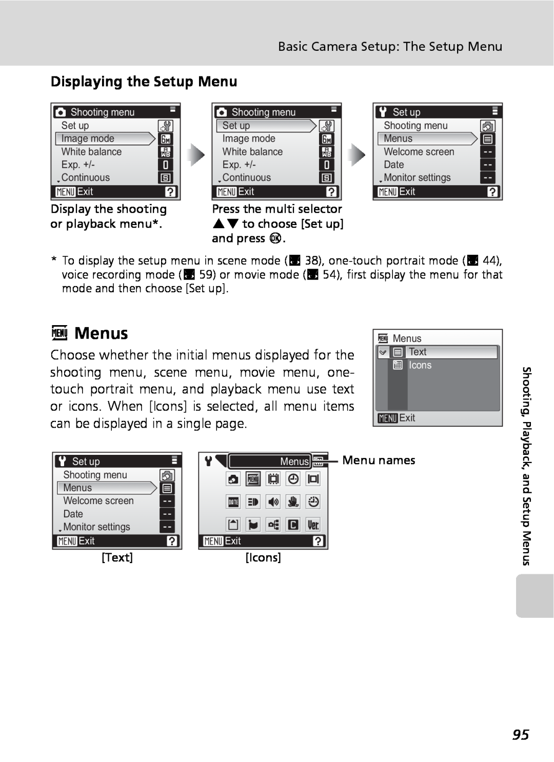 Nikon COOLPIXS9 manual RMenus, Displaying the Setup Menu, Text, Icons 