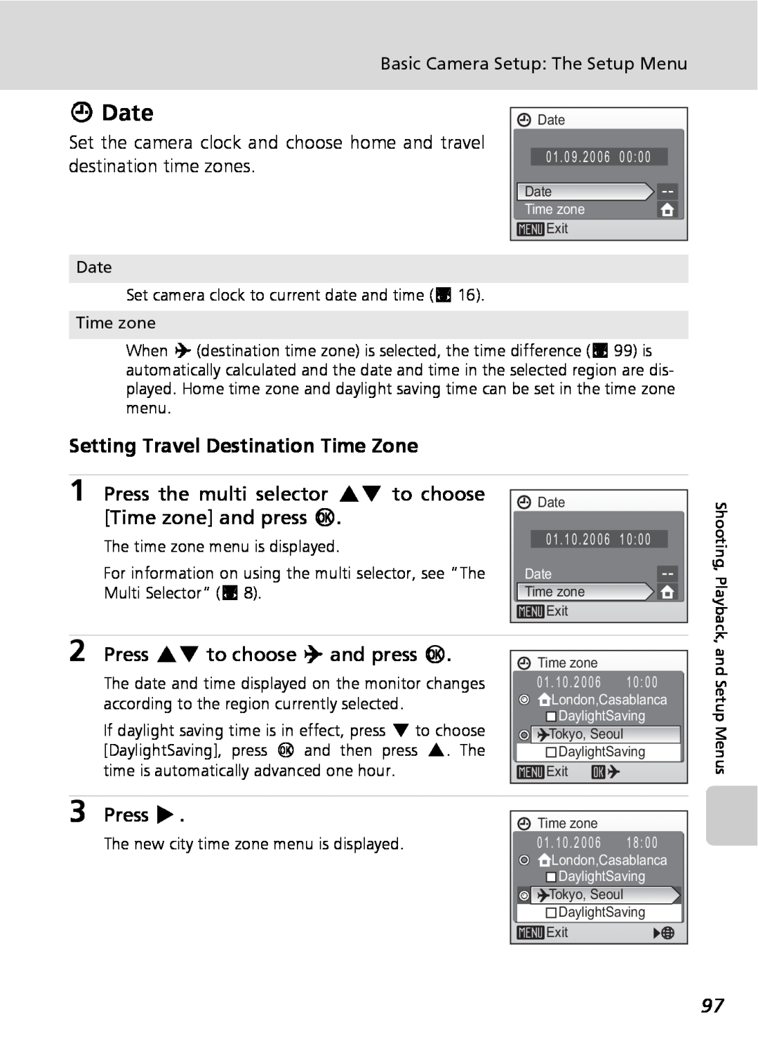 Nikon COOLPIXS9 manual WDate, Setting Travel Destination Time Zone, Press GH to choose Y and press d, Press J 