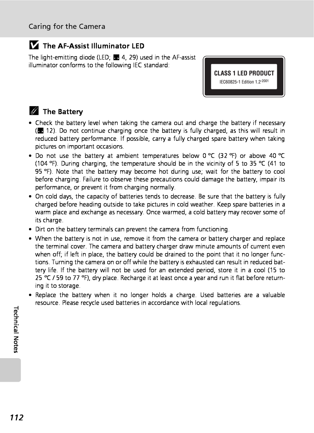 Nikon COOLPIXS9 manual jThe AF-AssistIlluminator LED, kThe Battery, Caring for the Camera 