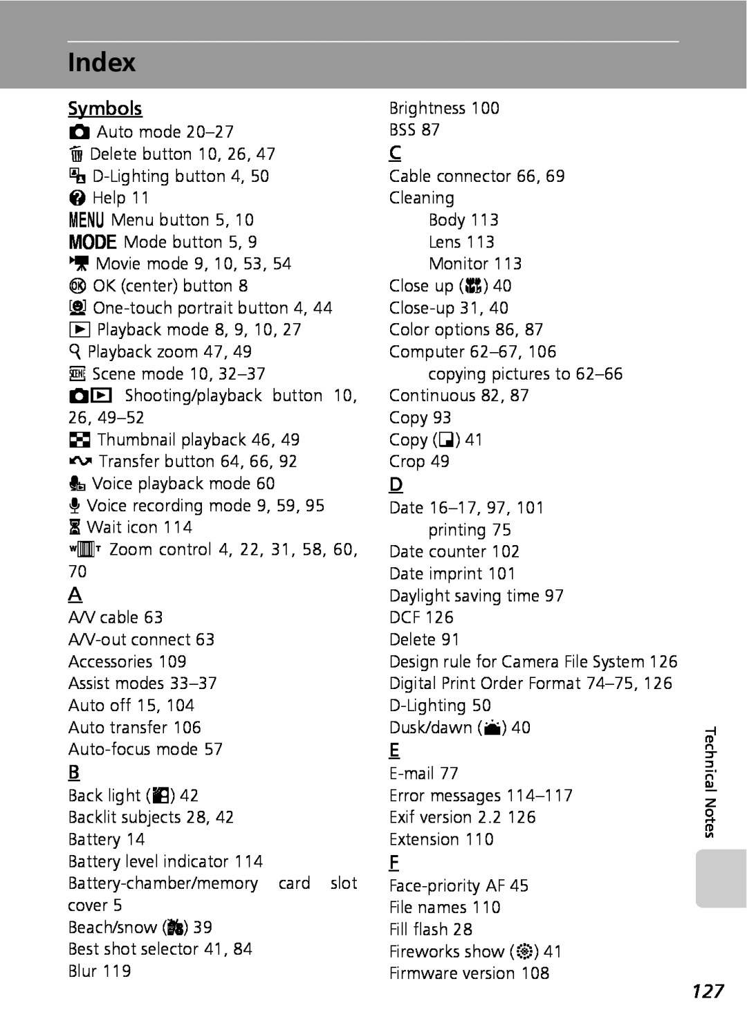 Nikon COOLPIXS9 manual Index, Symbols 