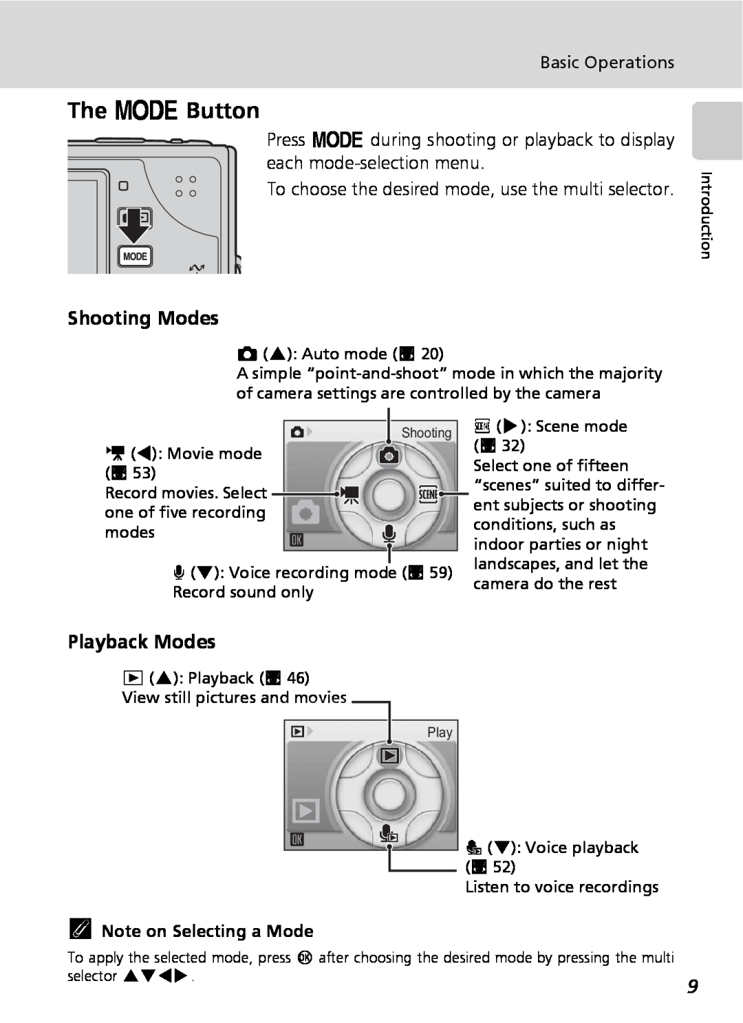 Nikon COOLPIXS9 manual The p Button, Shooting Modes, Playback Modes, k Note on Selecting a Mode 