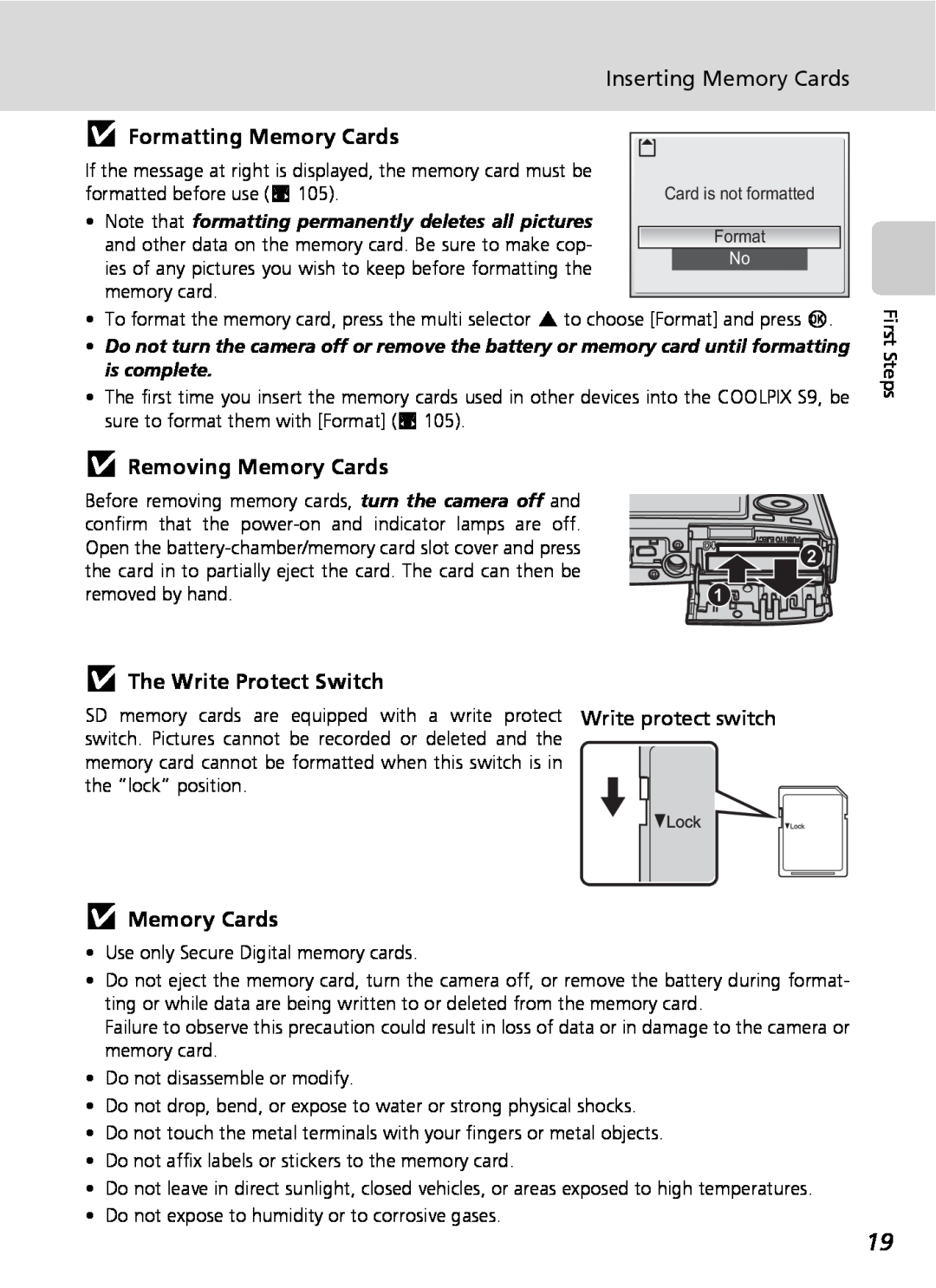 Nikon COOLPIXS9 manual jFormatting Memory Cards, jRemoving Memory Cards, jThe Write Protect Switch, jMemory Cards 