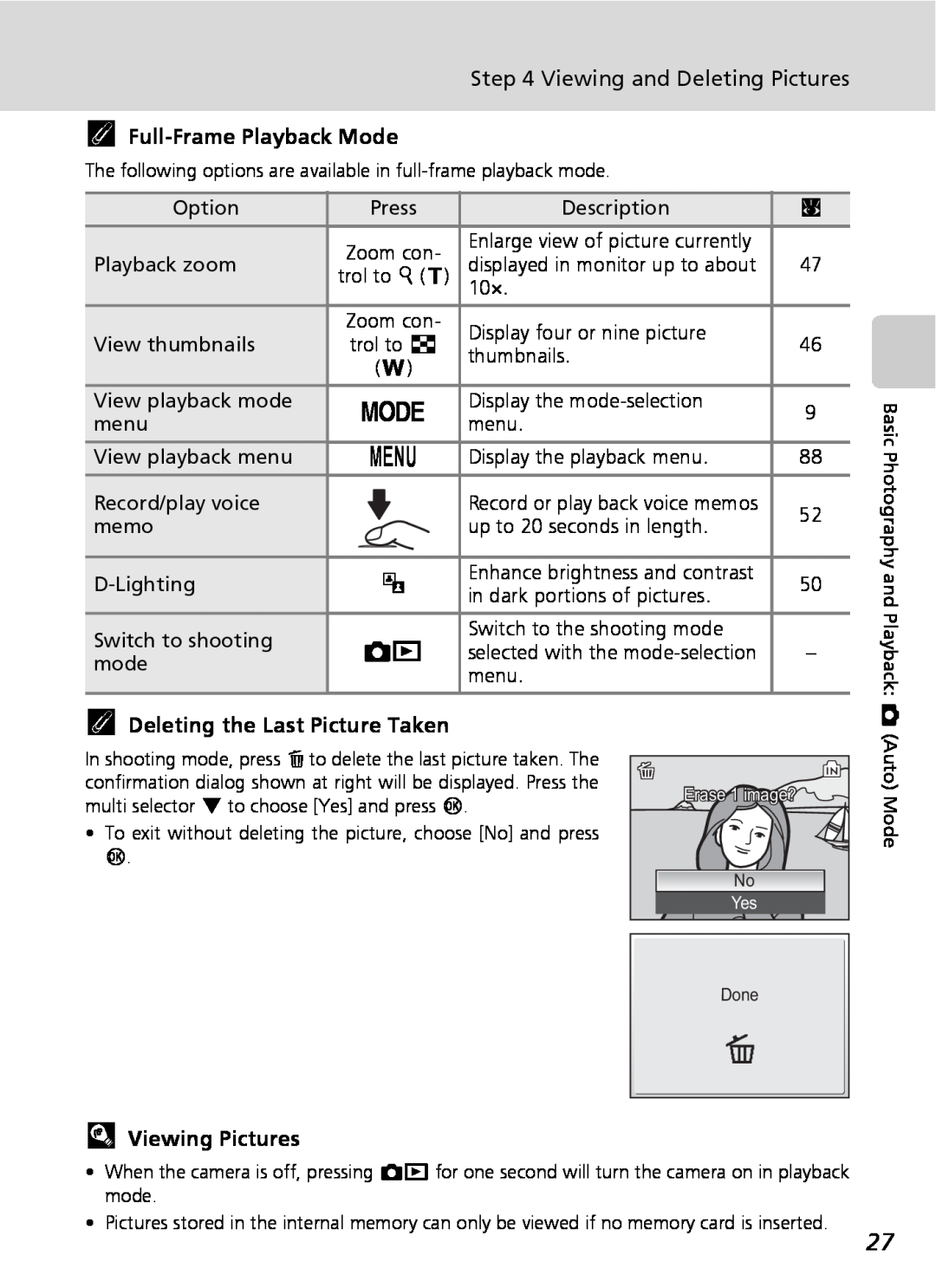 Nikon COOLPIXS9 manual kFull-FramePlayback Mode, lViewing Pictures, Viewing and Deleting Pictures 