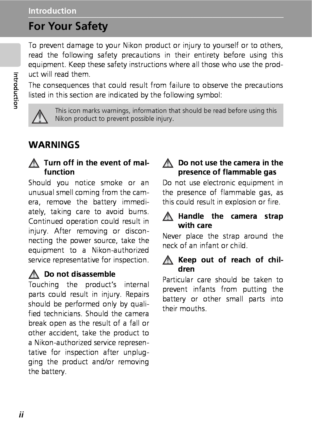 Nikon COOLPIXS9 For Your Safety, Warnings, Introduction, Turn off in the event of mal- function, Do not disassemble 
