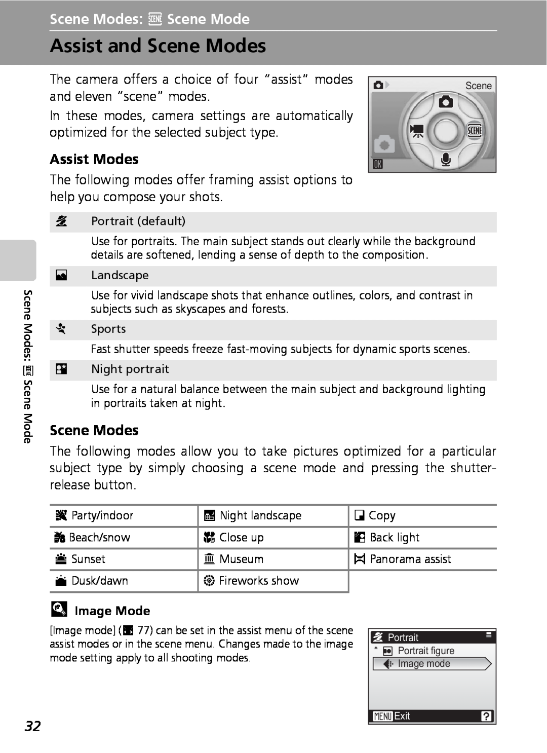 Nikon COOLPIXS9 manual Assist and Scene Modes, Scene Modes: n Scene Mode, Assist Modes, lImage Mode 