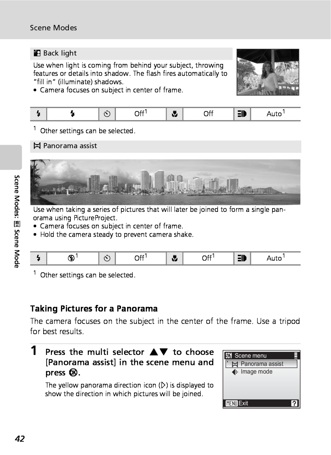 Nikon COOLPIXS9 manual Taking Pictures for a Panorama, Scene Modes 