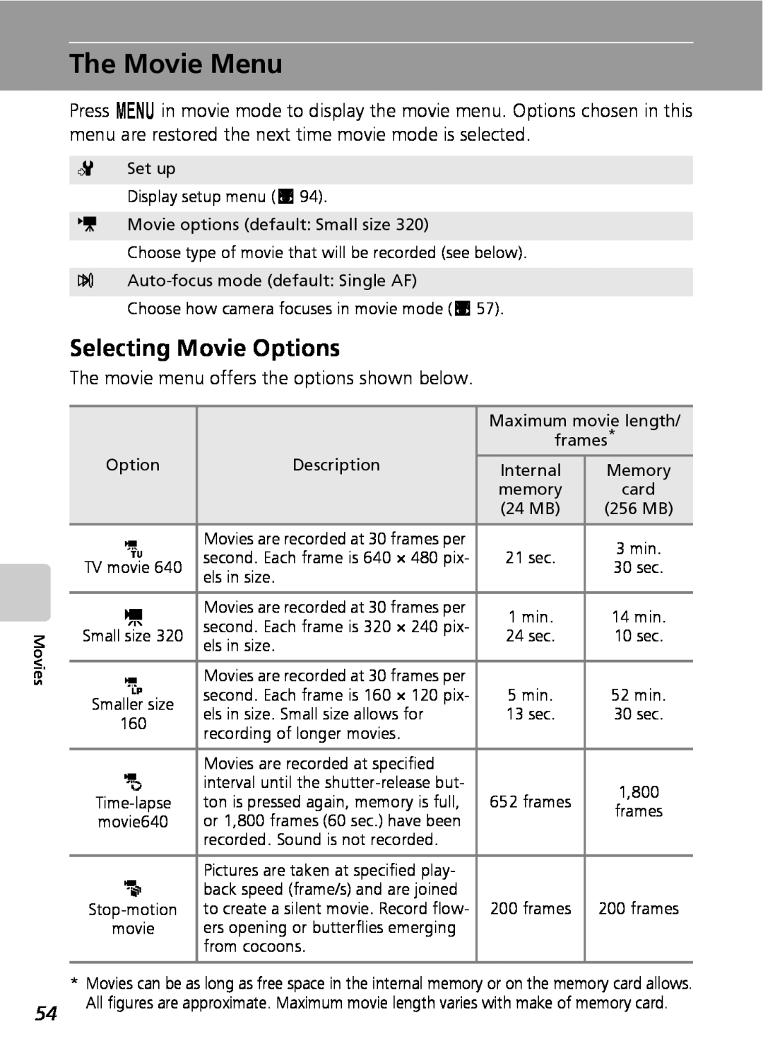 Nikon COOLPIXS9 manual The Movie Menu, Selecting Movie Options 