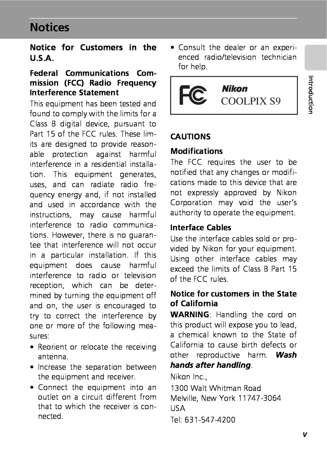 Nikon COOLPIXS9 manual Notices, Notice for Customers in the U.S.A, CAUTIONS Modifications, Interface Cables, COOLPIX S9 