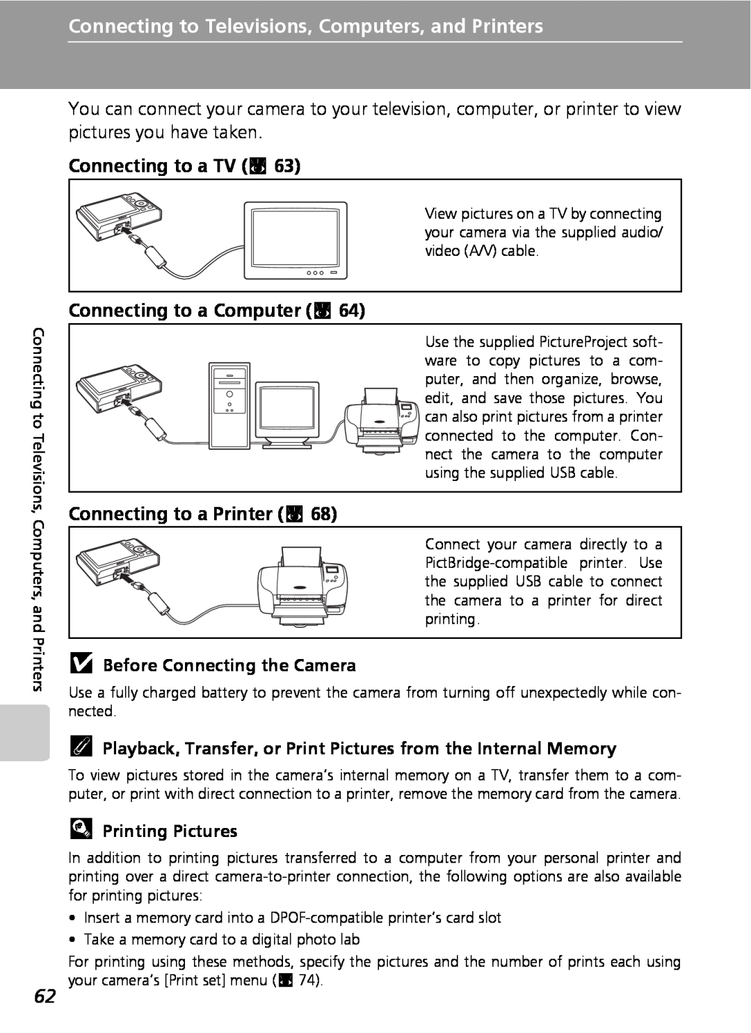 Nikon S9 manual Connecting to a TV c, Connecting to a Computer c, Connecting to a Printer c, jBefore Connecting the Camera 