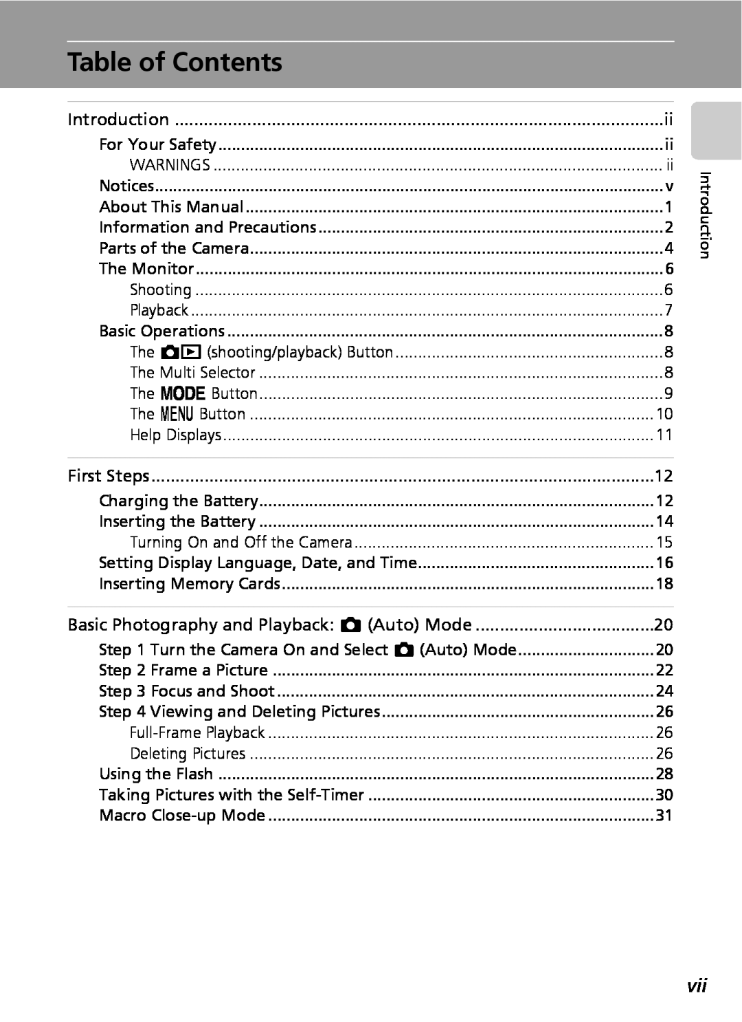 Nikon COOLPIXS9 manual Table of Contents, Basic Photography and Playback: L Auto Mode 
