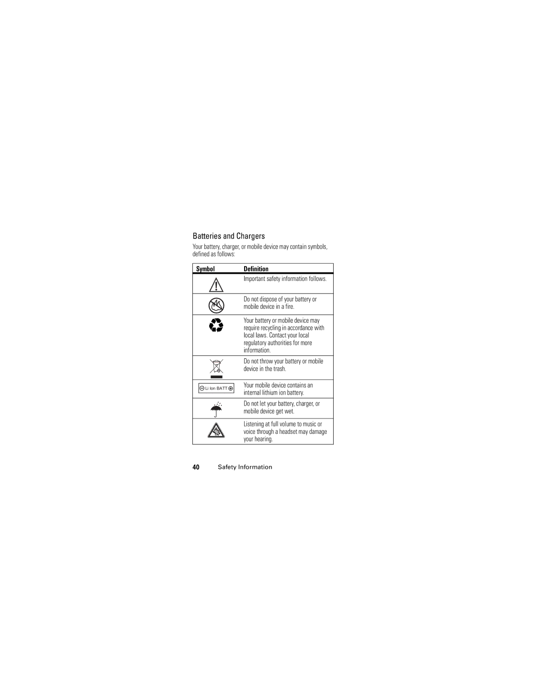 Nikon S9 manual Batteries and Chargers, Symbol Definition, Mobile device in a fire, Your battery or mobile device may 