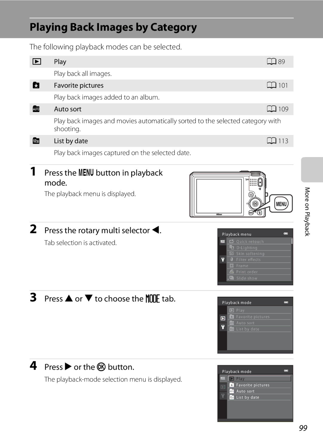 Nikon CT1A01(11) Playing Back Images by Category, Press the dbutton in playback mode, Press the rotary multi selector J 