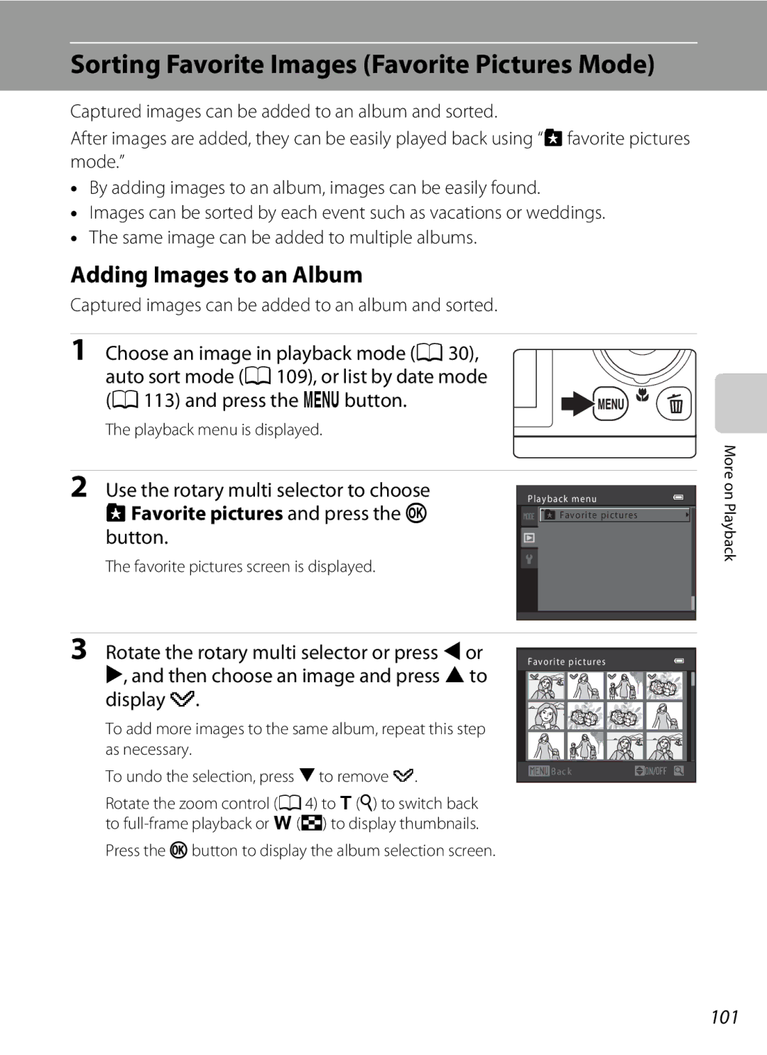 Nikon COOLPIXS9100BLK, COOLPIXS9100RED Sorting Favorite Images Favorite Pictures Mode, Adding Images to an Album, 101 