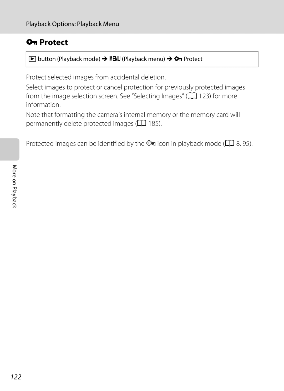 Nikon COOLPIXS9100RED, COOLPIXS9100BLK, CT1A01(11) user manual 122, Cbutton Playback mode MdPlayback menu MdProtect 