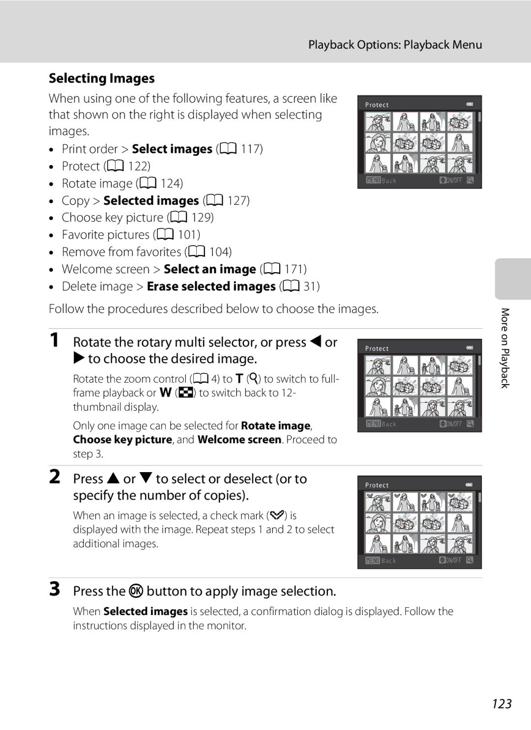 Nikon CT1A01(11), S9100 Selecting Images, Press the kbutton to apply image selection, 123, Copy Selected images A127 