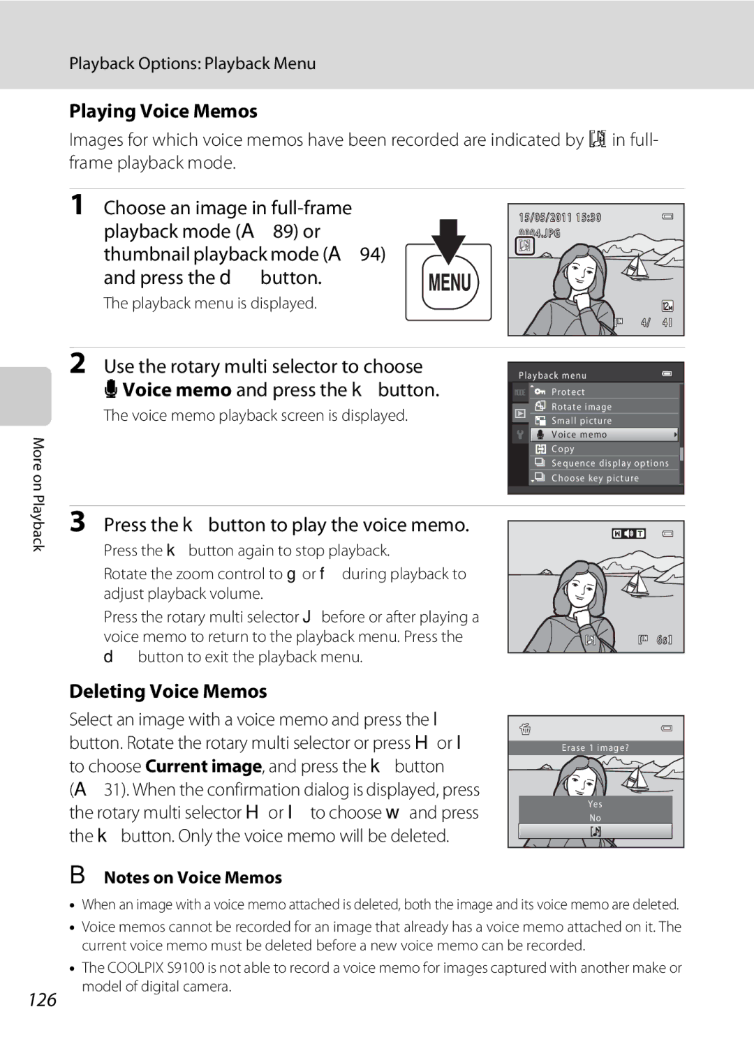 Nikon COOLPIXS9100RED, CT1A01(11) Playing Voice Memos, Press the kbutton to play the voice memo, Deleting Voice Memos, 126 