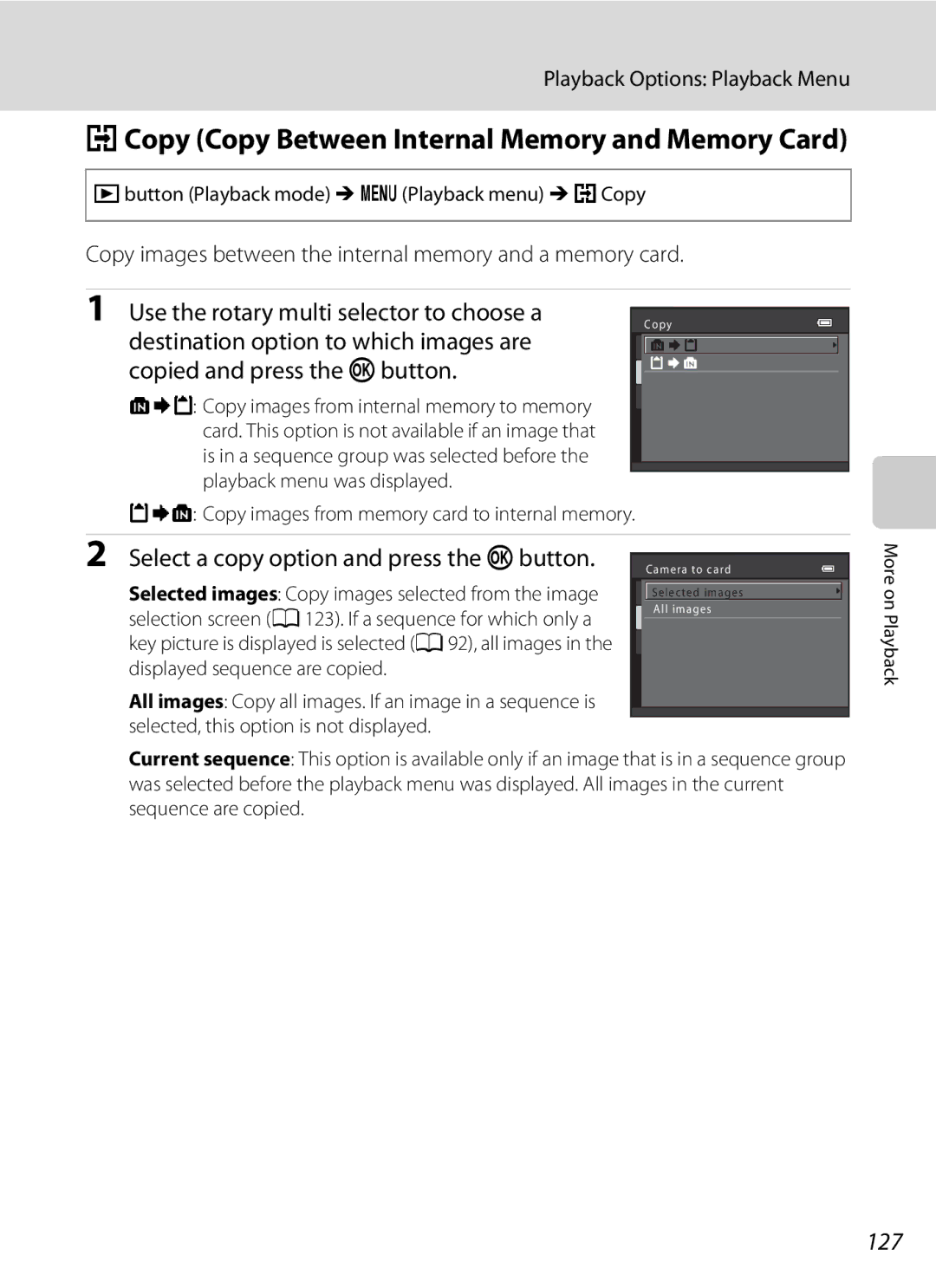 Nikon CT1A01(11) HCopy Copy Between Internal Memory and Memory Card, Select a copy option and press the kbutton, 127 