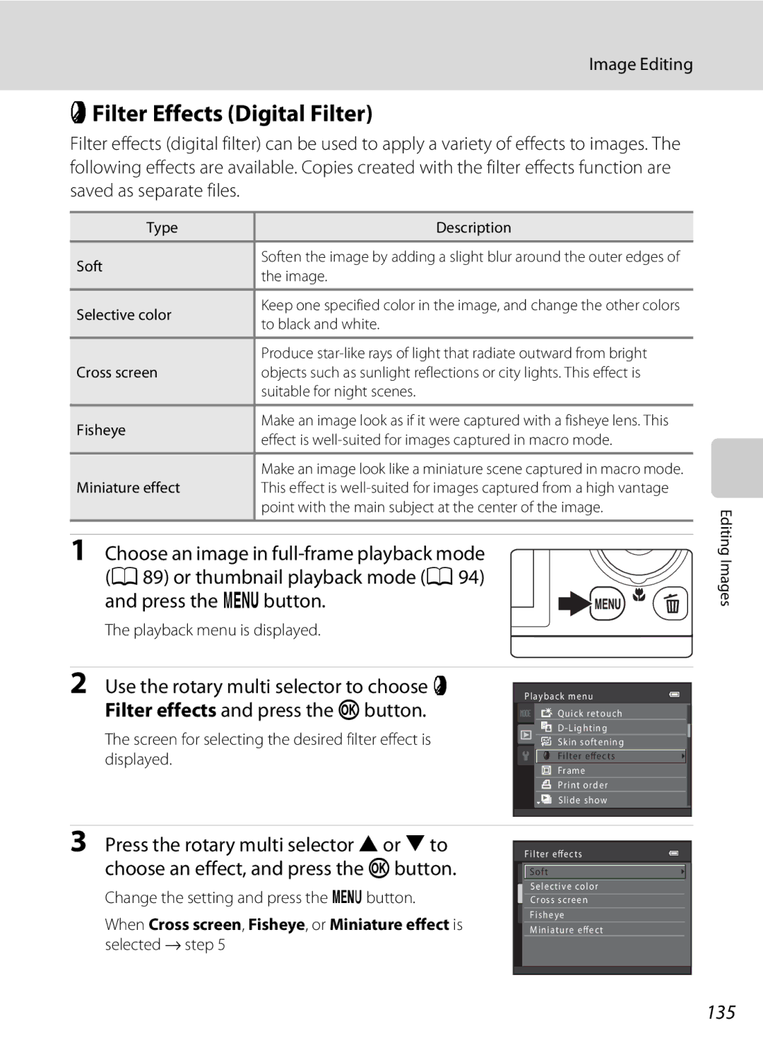 Nikon CT1A01(11), S9100 PFilter Effects Digital Filter, 135, Screen for selecting the desired filter effect is displayed 