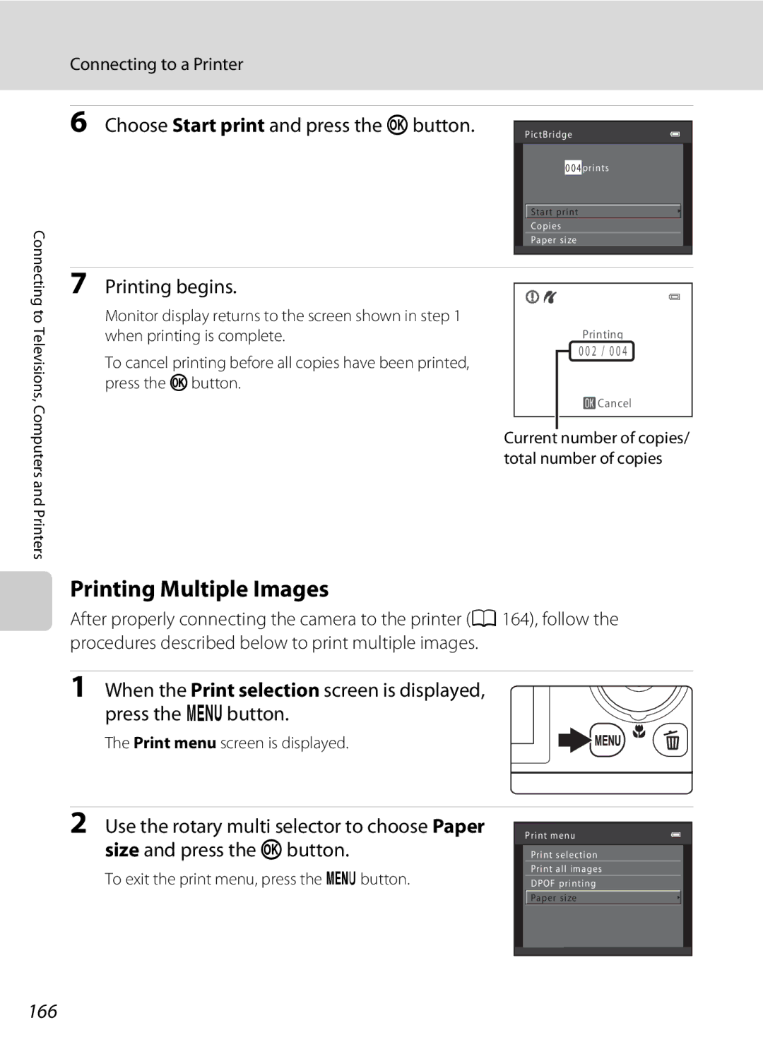 Nikon COOLPIXS9100RED, CT1A01(11) Printing Multiple Images, Choose Start print and press the kbutton, Printing begins, 166 