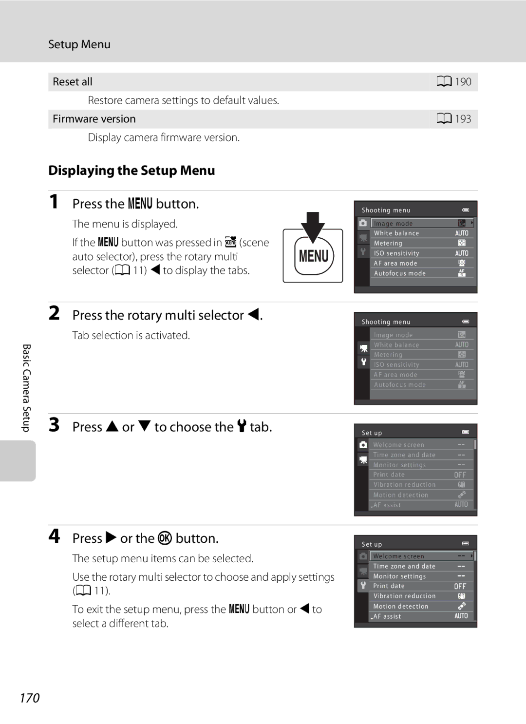 Nikon COOLPIXS9100RED, COOLPIXS9100BLK, CT1A01(11) user manual Displaying the Setup Menu, 170 