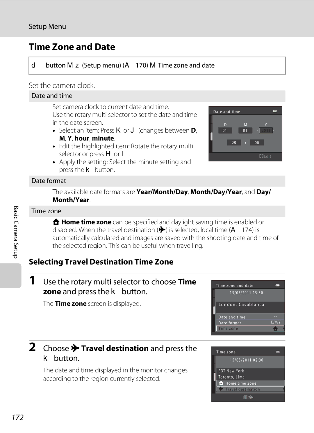 Nikon S9100 Time Zone and Date, Selecting Travel Destination Time Zone, Choose xTravel destination and press the kbutton 