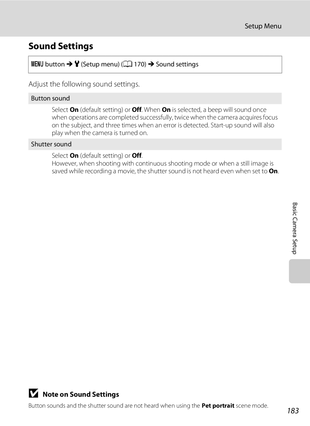 Nikon CT1A01(11), COOLPIXS9100BLK, COOLPIXS9100RED user manual Sound Settings, 183, Adjust the following sound settings 