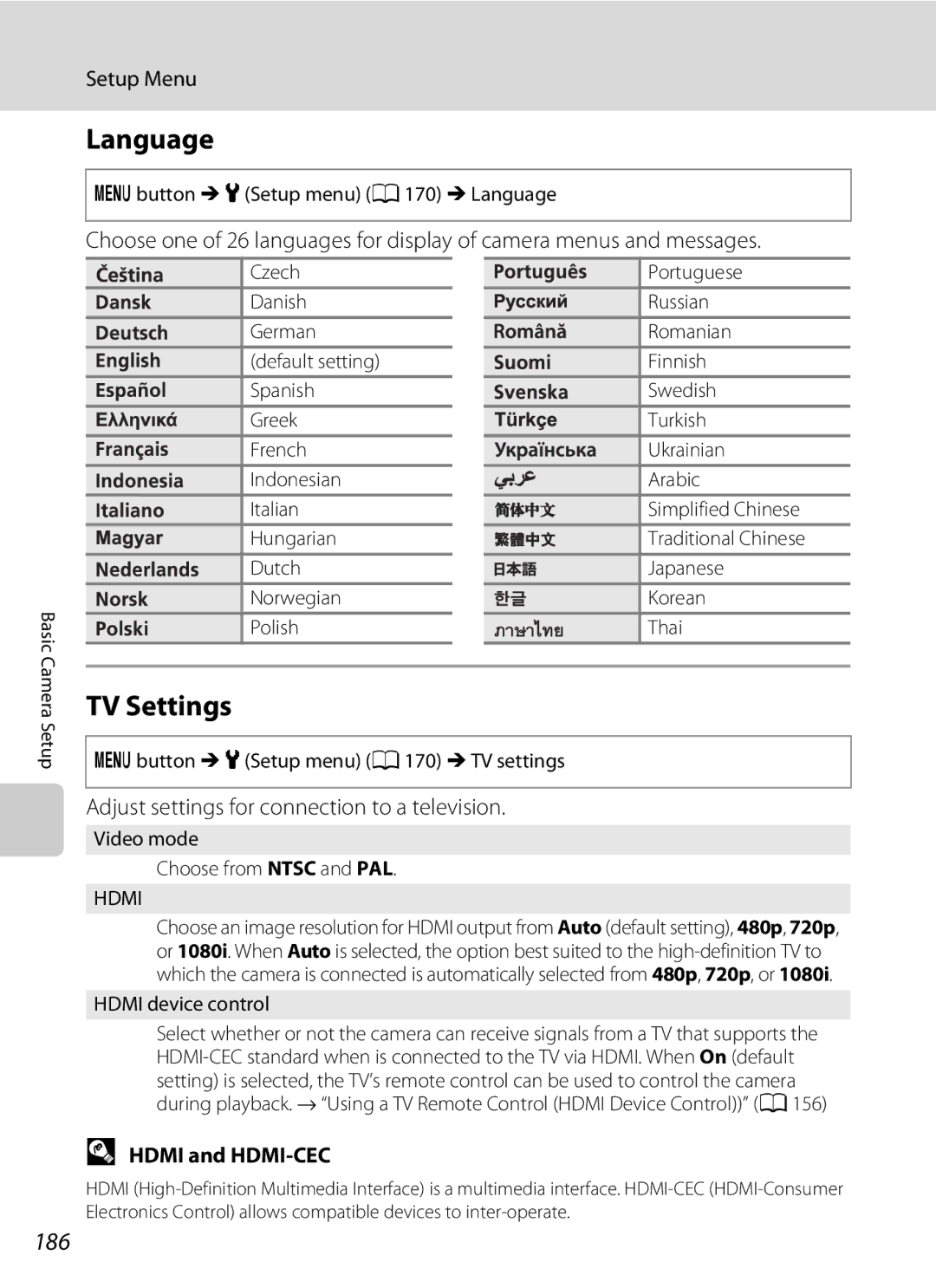 Nikon COOLPIXS9100RED Language, TV Settings, 186, Adjust settings for connection to a television, Hdmi and HDMI-CEC 