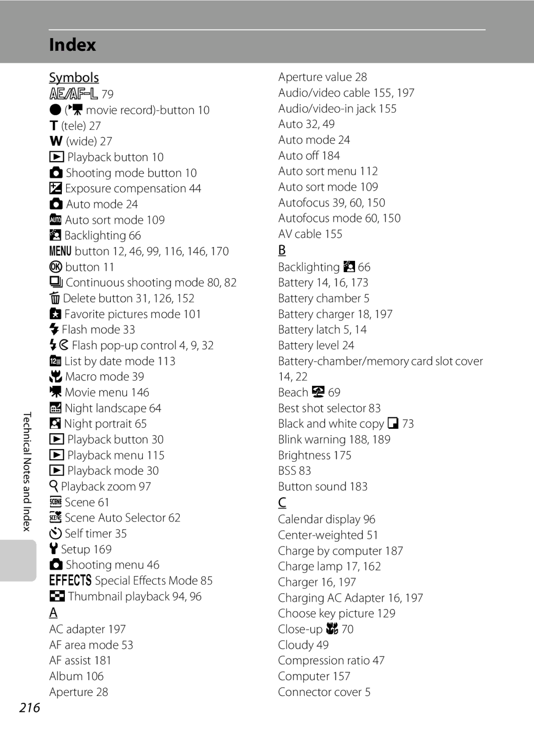 Nikon COOLPIXS9100BLK, COOLPIXS9100RED, CT1A01(11) user manual Index, Symbols, 216 