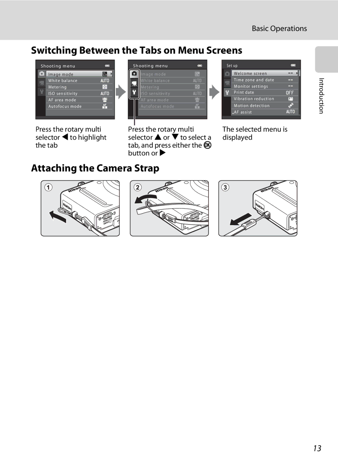 Nikon COOLPIXS9100BLK, COOLPIXS9100RED, CT1A01(11) Switching Between the Tabs on Menu Screens, Attaching the Camera Strap 