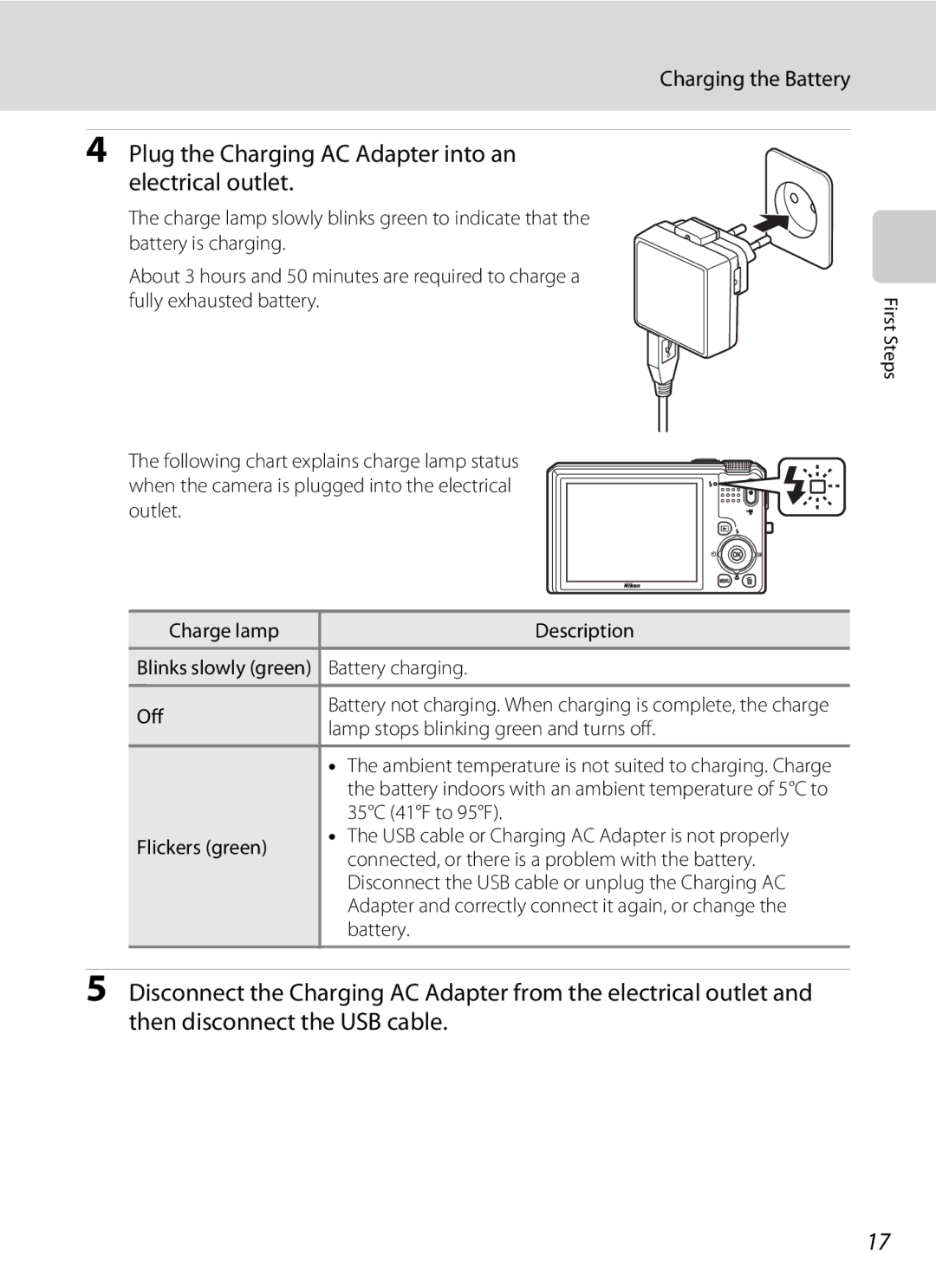 Nikon COOLPIXS9100BLK, COOLPIXS9100RED Plug the Charging AC Adapter into an Electrical outlet, Charging the Battery 