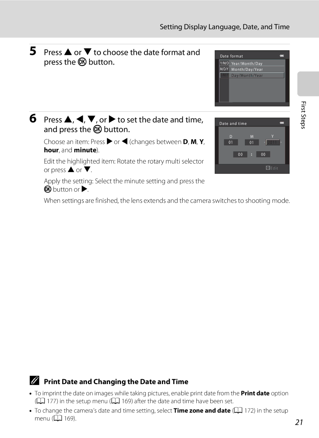 Nikon COOLPIXS9100BLK Press Hor Ito choose the date format, Press the kbutton, Setting Display Language, Date, and Time 