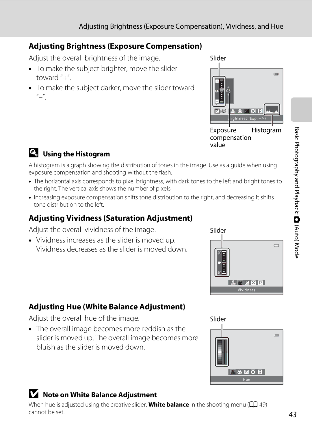 Nikon CT1A01(11) Adjusting Vividness Saturation Adjustment, Adjusting Hue White Balance Adjustment, Using the Histogram 