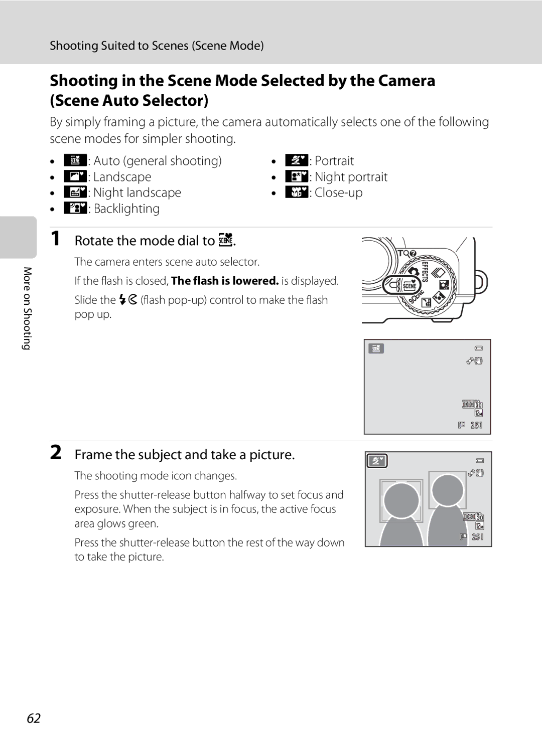 Nikon COOLPIXS9100RED Rotate the mode dial to, Frame the subject and take a picture, Shooting Suited to Scenes Scene Mode 