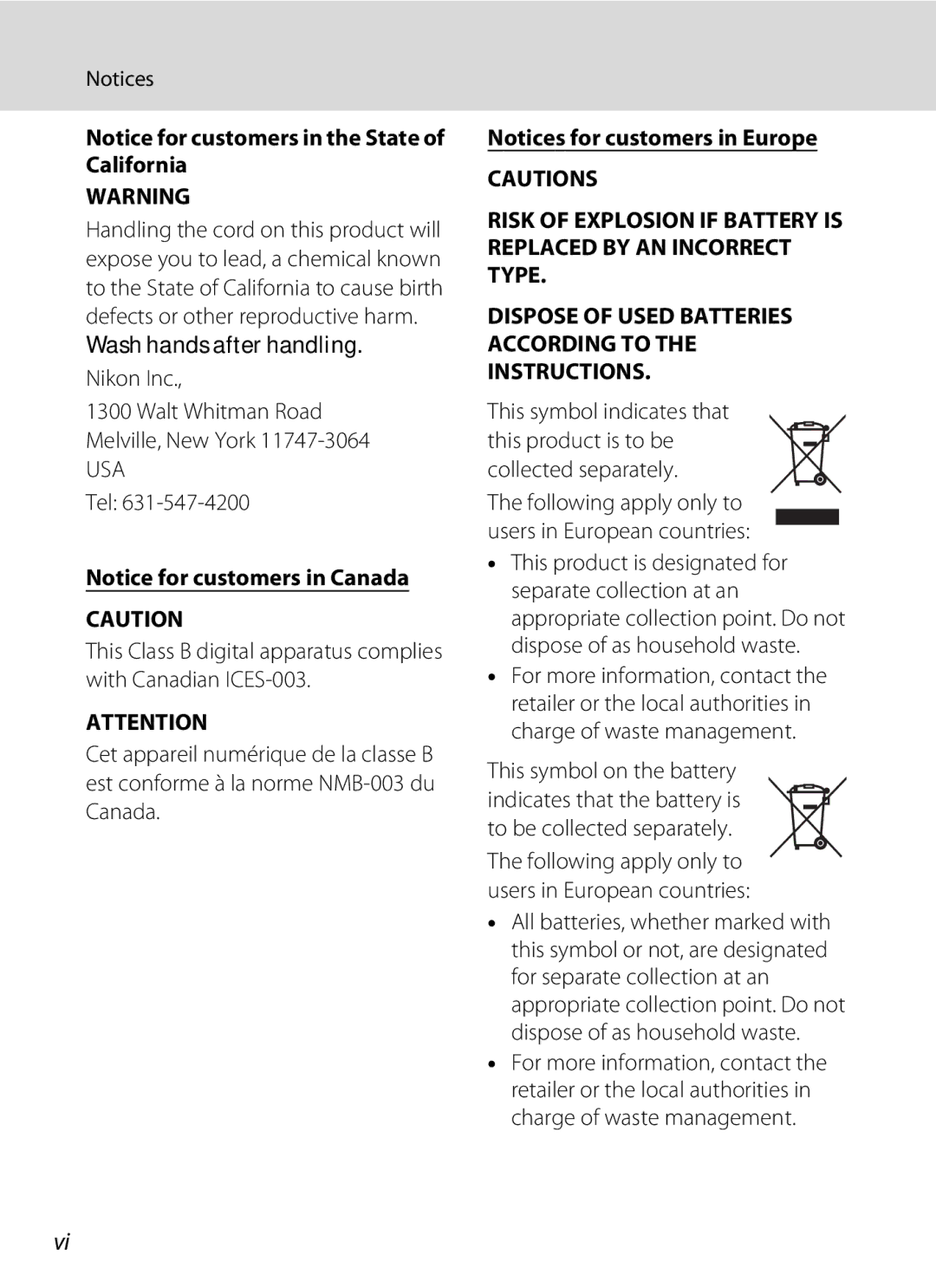 Nikon S9100 user manual Nikon Inc Walt Whitman Road Melville, New York, Following apply only to users in European countries 